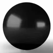 Black glossy metal sphere reflecting light, with rectangular and elongated highlights, on a white studio surface with diffused shadows.